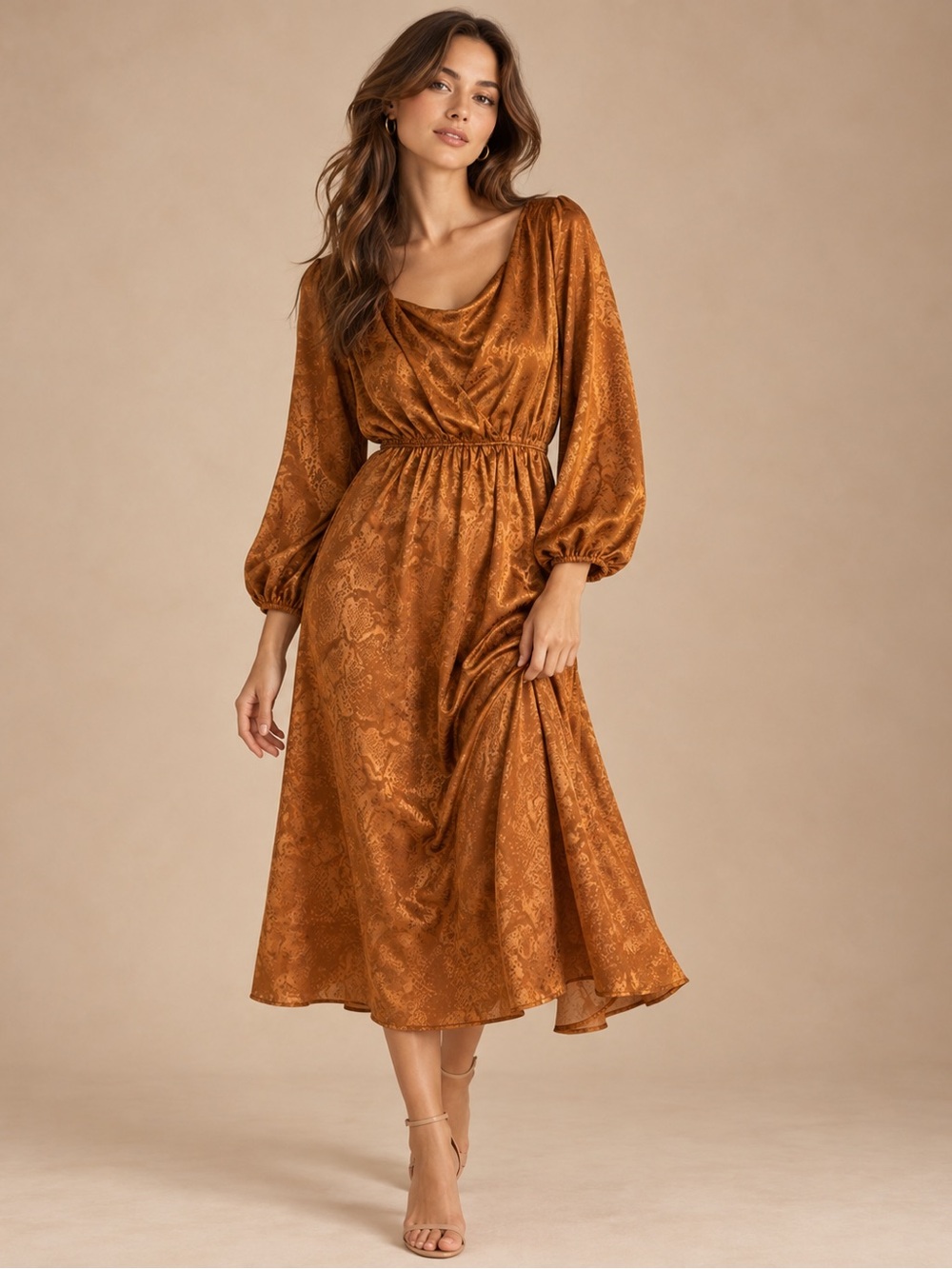 Sandra Darren Bronze Satin Snakeskin Print Midi Dress Size 16